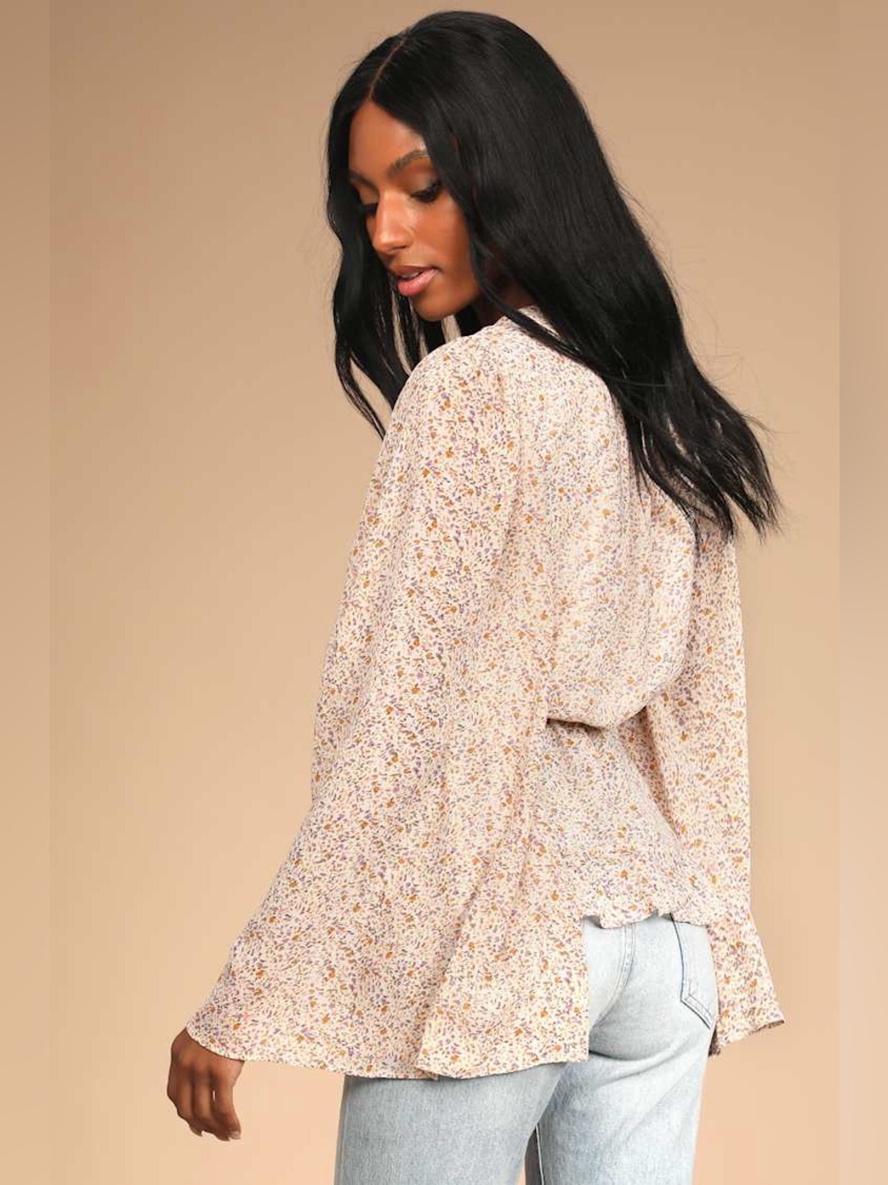 LULU’s Bell-Sleeve Floral V-Neck Peplum Wrap Blouse Shirt Top Cropped Medium - Picture 5 of 12